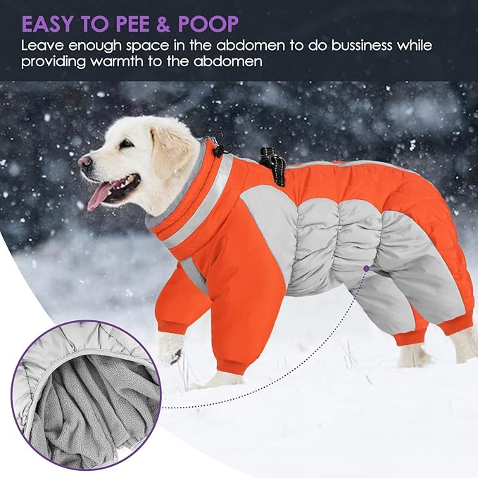 SUNFURA Full Body Dog Coat - Warm Fleece Jacket for Large Dogs, Turtleneck Winter Coats with Harness, Reflective Dog Snowsuit Windproof Puffer Jackets with Legs for Weimaraner, Orange XL