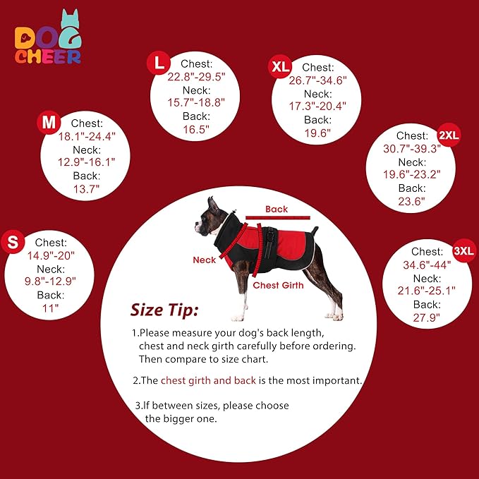 Dogcheer Dog Coat, Christmas Dog Jacket, Waterproof Turtleneck Puppy Winter Coat, Adjustable Pet Puffer Jacket, Reflective Warm Fleece Coats for Small Medium Large Dogs - Red, XL