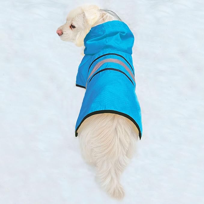 Dog Raincoat Waterproof Reflective Slicker - Lightweight Breathable Hooded Poncho Rain Coat Jacket with Adjustable Belly Strap and Leash Hole for Small Medium Large Dogs (Medium, Blue)