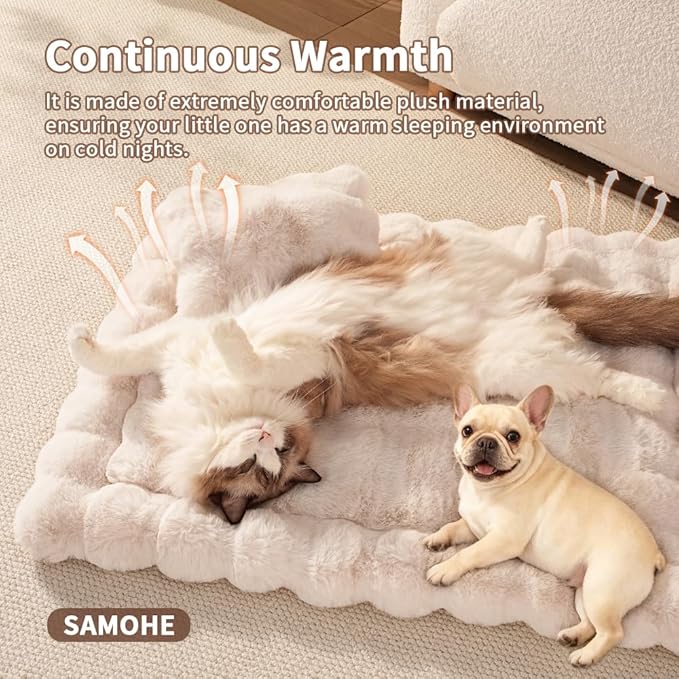Cat Beds for Indoor Cats Faux Fur Pet Pad Mat Plush Kitten Bed with Non-Slip Bottom for Carriers/Couch Dog & Puppy Friendly 35 x 27 Inch X-Large White