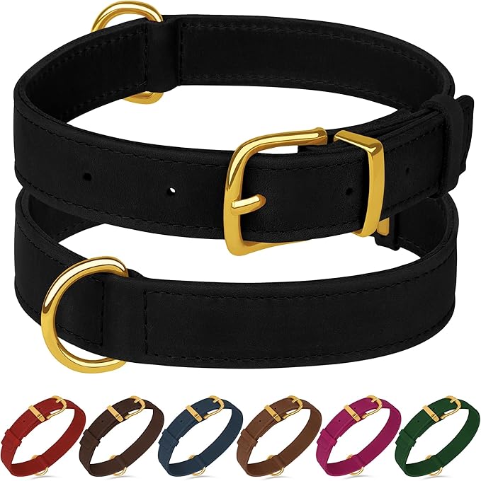 Leather Dog Collar - Heavy Duty Adjustable Soft Padded Pet Collars for Small Medium Large Dogs Breed - Black Green Brown Pink Red Blue (Black, L, 15"-19" Neck Fit)