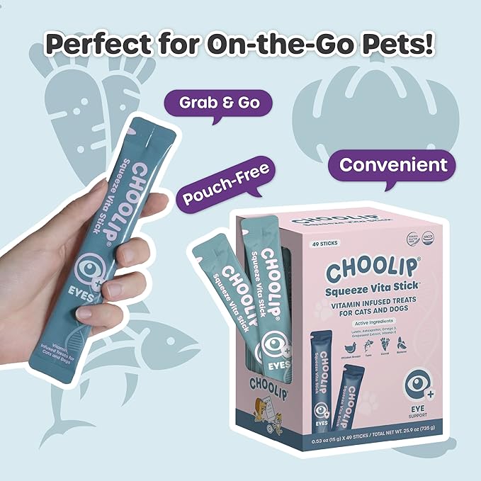 Choolip Squeeze Vita Stick Lickable Cat and Dog Treats – 49-Count Eye Support Sticks with Multivitamins, Soft Squeezable Paste for All Life Stages, Supporting Eye Health