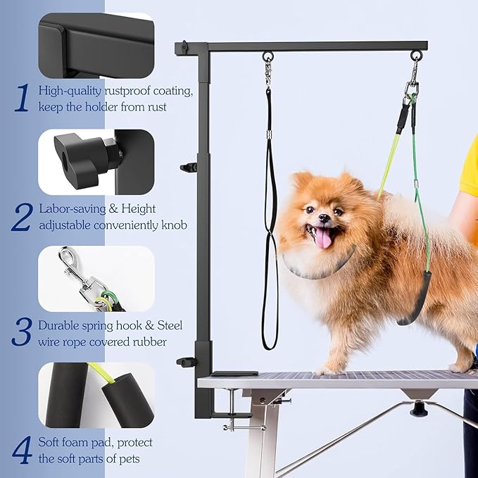 Foldable Dog Grooming Arm with Hammock & Clamp - Adjustable Height 20"-35" - Pet Grooming Table Accessories with No-Sit Holder, Grooming Restraint for Small, Medium Dogs at Home or Salon