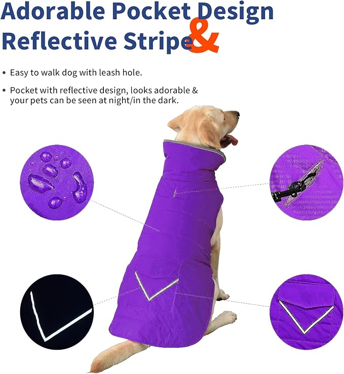 Dog Coat, Waterproof Dog Winter Jacket with Pocket, Reflective Adjustable Pet Snow Vest, Warm Cozy Fleece Sweater for Small Medium Extra Large Dogs - Purple, XL