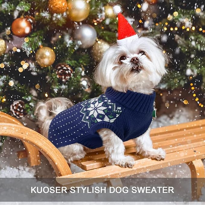 Kuoser Dog Sweater, Holiday Christmas Snowflake Pet Warm Knitwear Dog Sweaters Soft Puppy Clothing, Doggie Turtleneck Cold Weather Outfit Pullover for Small Medium Large Dogs Cats, Blue S