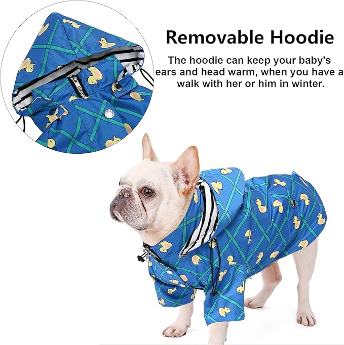 Morezi Dog Zip Up Raincoat with Reflective Buttons, Rain/Water Resistant, Adjustable Drawstring, Removable Hood, Raincoats with Legs 8lbs to 80lbs Available - Grid Blue - Medium