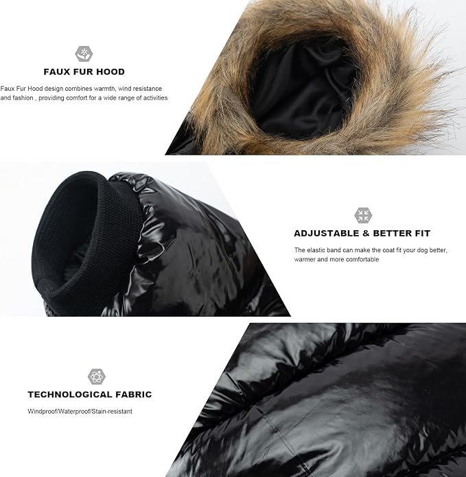 PINA Dog Winter Coat with Faux Fur Hood, Windproof and Warm, Suitable for Small to Large Dogs, Black, XXL