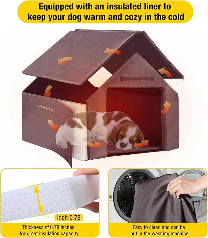 Dog House Outdoor, Insulated Dog Kennel Outside for Large Breed, 50.87" L Weatherproof Large Dog Shelter with Anti-Chewing Iron Frame (Brown, 45" D x 32.9" W x 32.6" H)
