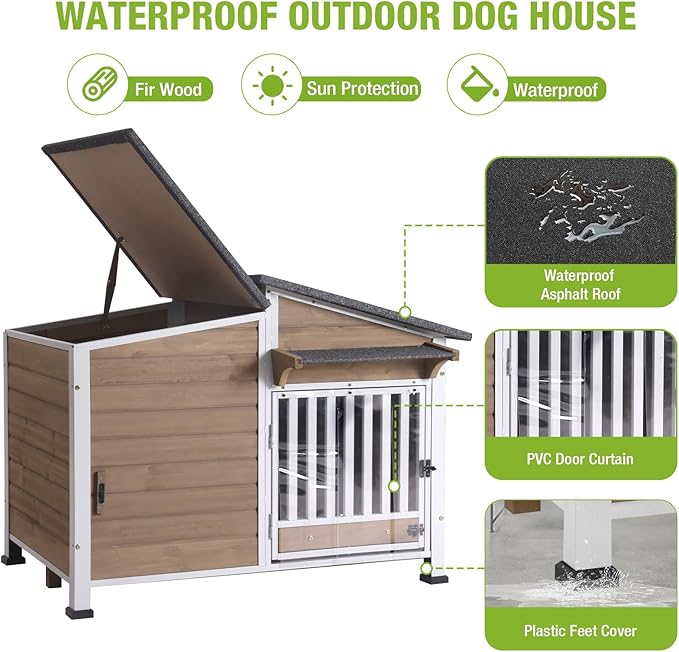 Heated Dog House Outdoor, Insulated Dog Kennel with Heating Pad for Winter, Weatherproof Dog Shelter with Anti-Chewing Metal Frame and Bowls for Small Medium Large Dogs (Light Brown