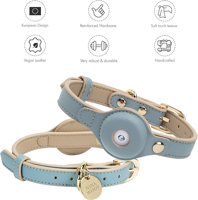 NINA WOOF Cupertino Dog Collars, Harnesses & Leashes Made from Vegan Leather with Dog Tracker Device Holder Adjustable Dog Collar - Color Blue, Large