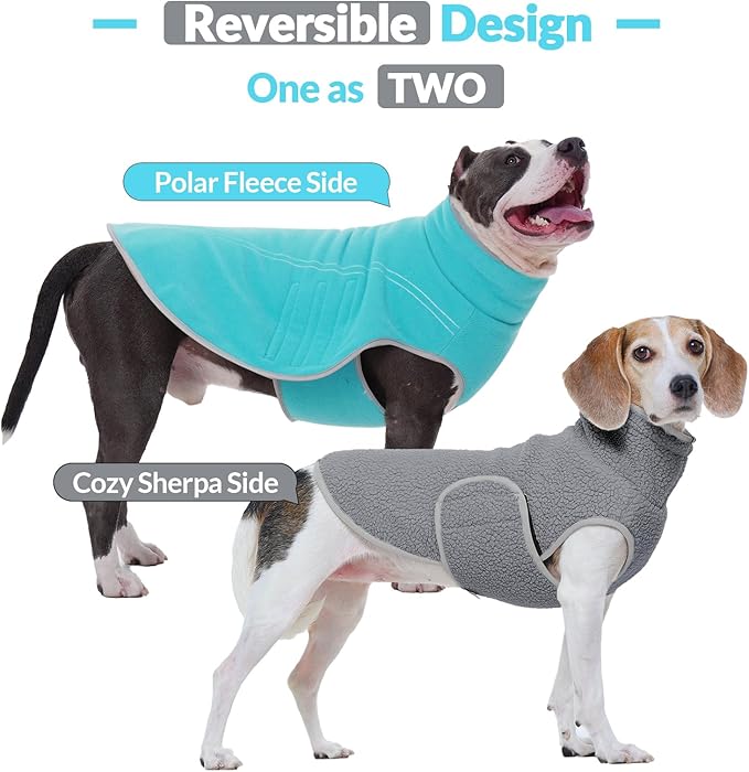 ROZKITCH Reversible Dog Coat Super Warm Fleece Sherpa Sweater with Leash Hole & Embroidery, Adjustable Double-Sided Plush Sweatshirt for Medium Large Breeds Bluegreen 2XL