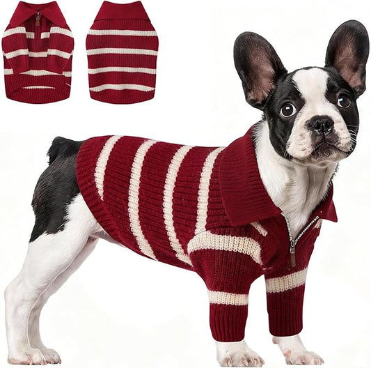 Small Dog Sweater with Zipper, Knitted Striped Pullover Dog Clothes for Cold Weather, Thick Warm Cozy Stretchy Sweater for Chihuahua, Bulldog, Dachshund, Pug(Red & White Strip, S)