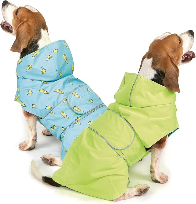 Dog Raincoat Reversible, Single Side Slicker Poncho Adjustable Waterproof Dog Rain Jacket with Leash Hole/Reflective Stripe Hooded Snowproof Windproof Clothes for Small to 3X-Large Dogs, S