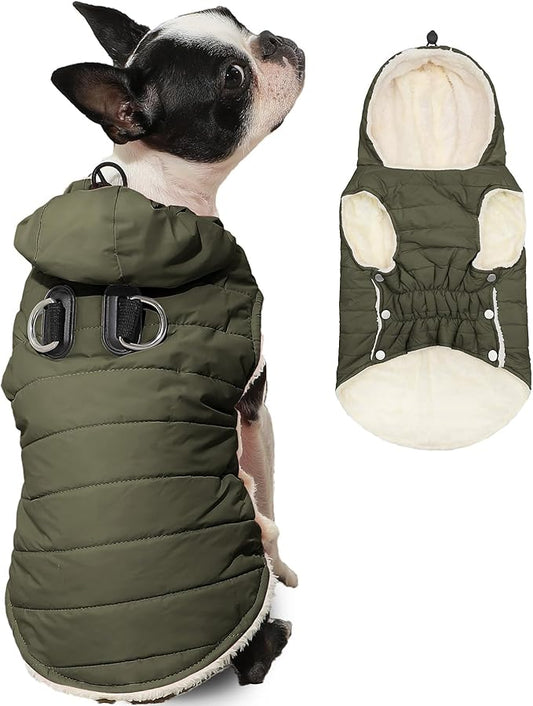 Fleece Lining Dog Hoodie with Harness Built in,Extra Warm Small Dog Jacket in Winter Puppy Coats with Drawstring Hooded,Green M