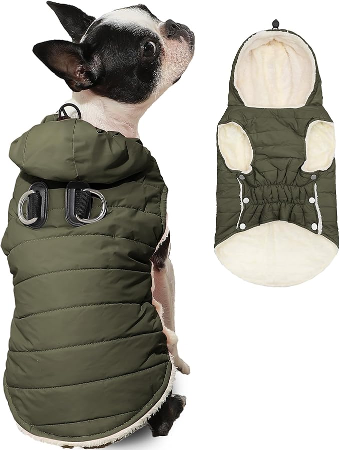 Fleece Lining Dog Hoodie with Harness Built in,Extra Warm Medium Dog Jacket in Winter Doggie Coats with Drawstring Hooded,Green XL