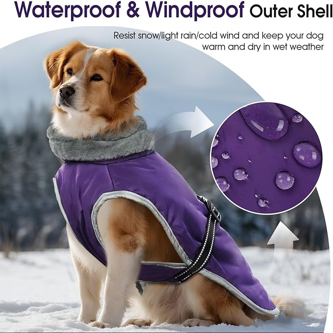 Dog Winter Jackets for Large Dogs,Size L Warm Pet Coat with Leash Hole,Waterproof Dogs Snowsuits Warm Pet Jacket Fleece Cold Weather Coats Reflective Puppy Vest,Dog Cold Weather Coats,Purple,L