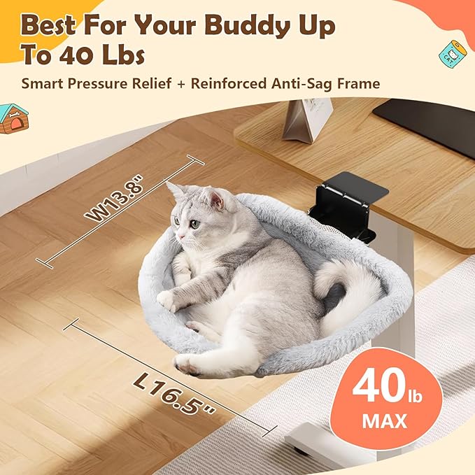 Secure Cat Desk Bed - Extra-Large Clamp & Sunken Hammock Design, Comfy Cat Desk Hammock with Faux Rabbit Fur Cover, Removable & Washable, Holds Up to 40lbs
