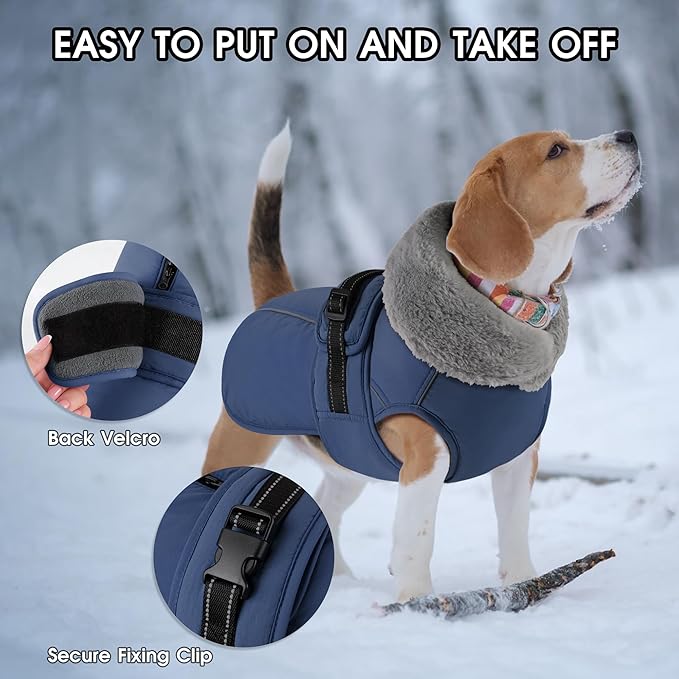 PETDSH Dog Coat Large, Windproof Dog Jacket with Warm Fleece Lining, Thickened Collar Dogs Winter Coat, Adjustable Reflective Pet Coats for Cold Weather (Navy Blue, XX-Large)