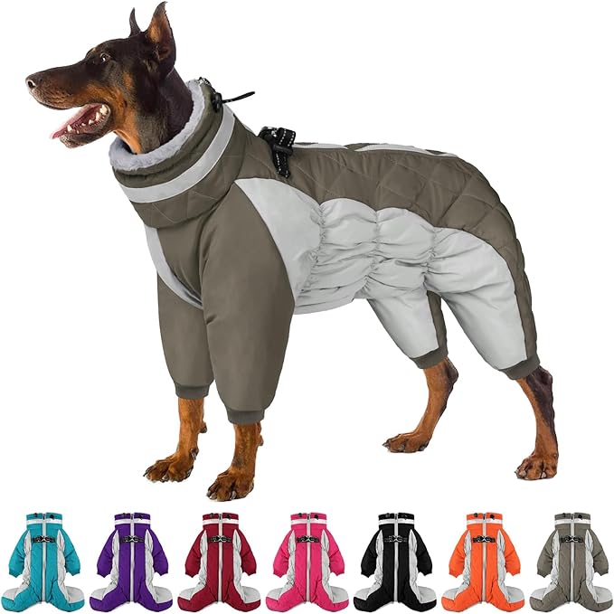 SUNFURA Full Body Dog Coat - Warm Fleece Jacket for Large Dogs, Turtleneck Winter Coats with Harness, Reflective Dog Snowsuit Windproof Puffer Jackets with Legs for French Bulldog, Army Green L