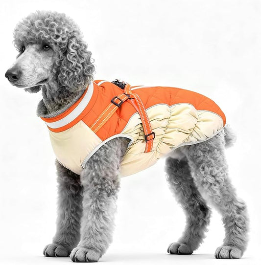 Dog Winter Coat with Harness, Dog Jacket, Pet Clothes with Zipper on Back, Waterproof Windproof Warm Vest, Reflective Cold Weather Coats, for Small Medium Large Dogs, Thick, Orange, L
