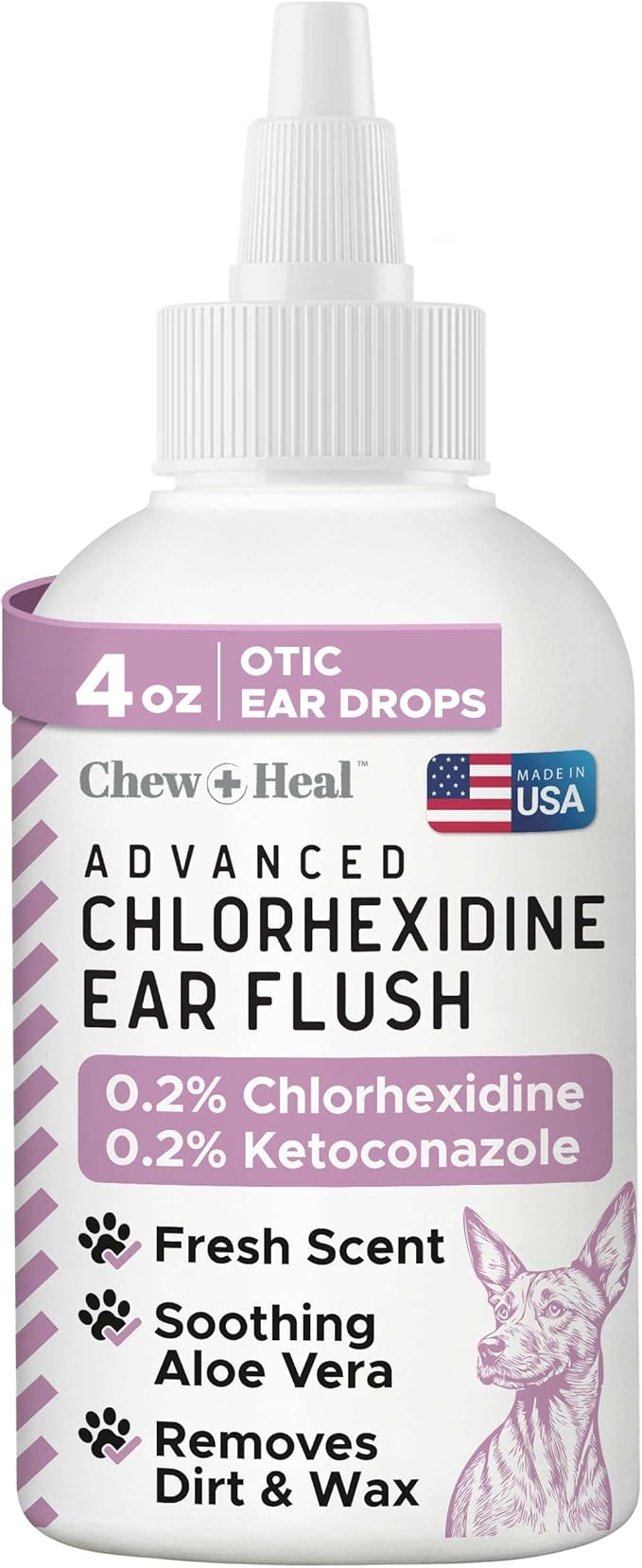 Chew + Heal Labs Dog Ear Cleaner - OTIC Medicated Dog Ear Buildup Drops for Dirt and Wax - 4 oz Advanced Flush with Chlorohexidine and Ketoconazole - Made in The USA