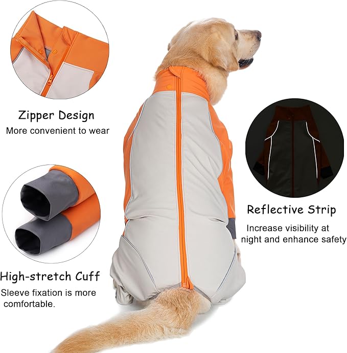 Dog Full Body Winter Coat, Waterproof Fleece Jacket for Small Medium Large Dogs Reflective Snowsuit with Zipper for Outdoor Skating (Orange, XL(Weight 13-22 lbs))