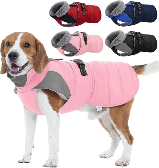 Nanaki Warm Fleece Lined Furry Collar Winter Coats Jackets Vests for Dogs, Waterproof Reflective Dog Snowsuit with Leash Hole Outdoor Walking Hunting, Easy On Pullover Medium Dog Puppy Coat Pink XL