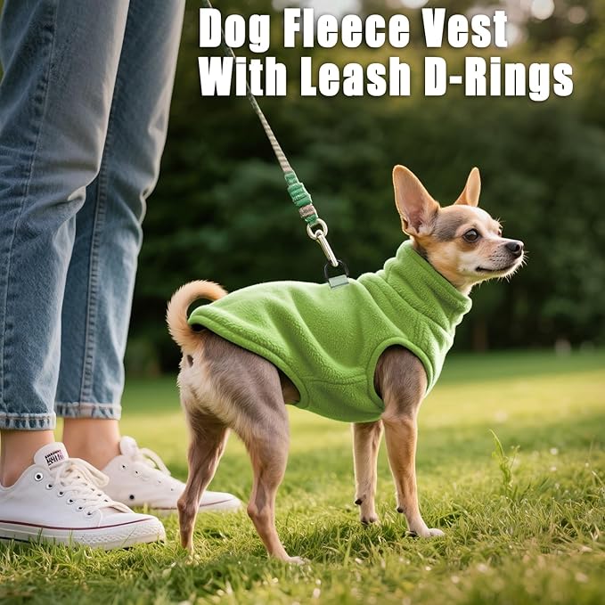 Idepet Dog Fleece Vest Sweater Zip Up Warm Pullover Dogs Jacket with D-Ring Leash Winter Cold Weater Coat Pet Sweatershirt Clothes Hoodie for Small Medium Dogs Boy Girl(Green,L)