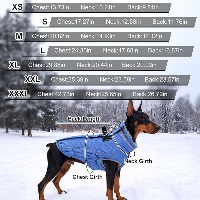 Dog Coat, Warm Dog Winter Coat for Large Dogs, Waterproof Jacket with Harness Built in, Reflective Turtleneck Cold Weather Coats with Zipper,Pet Fleece Vest Snow Jacket, Blue XXL