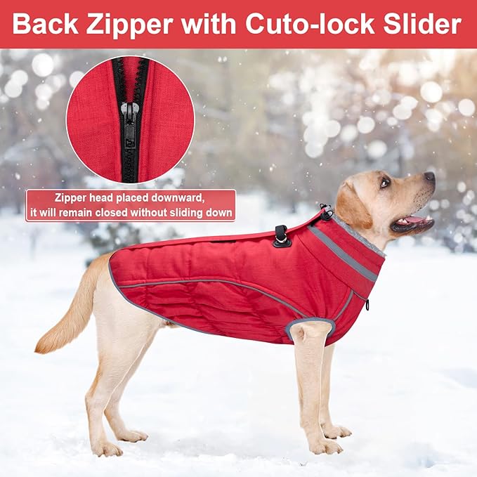 Malier Dog Coat, Reflective Dog Jacket Waterproof Windproof Puppy Cold Weather Coats with Harness Built in, Winter Extra Warm Pet Coat Fleece Vest for Small Large Pets and Puppy (Red, Large)
