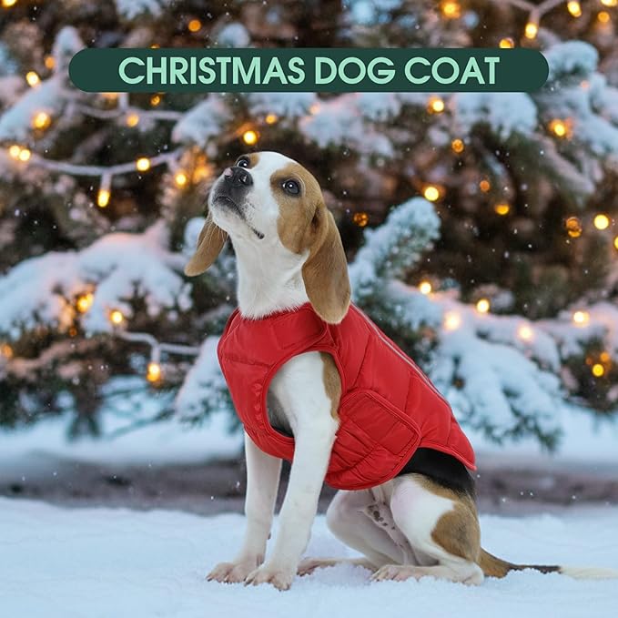 Kuoser Dog Puffer Jacket Warm Dog Coat for Extra Large Dogs, Windproof Reflective Pet Padded Vest Cold Weather Clothes Puppy Snowsuit with Hook & Loop Coats, Easy On/Off, Red 3XL