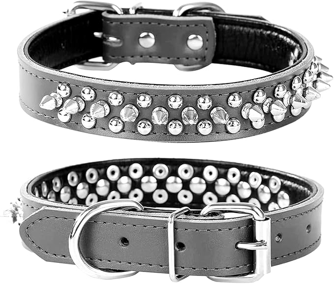 Adjustable Genuine Leather Spiked Studded Dog Collars for Small Medium Large Pets Like Pit Bull Bulldog Pugs Husky (S, Black)