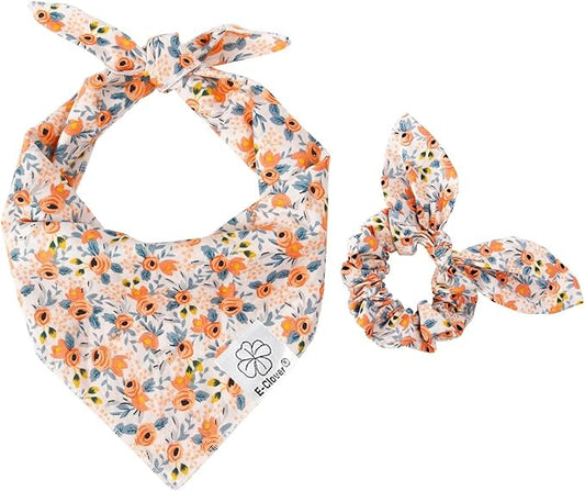 E-Clover Dog Bandanas & Matching Scrunchie Set Cute Flower Dog Scarf Bibs Girl Pet Bandana with Bow Tie for Medium Large Dogs Owner Mom Spring