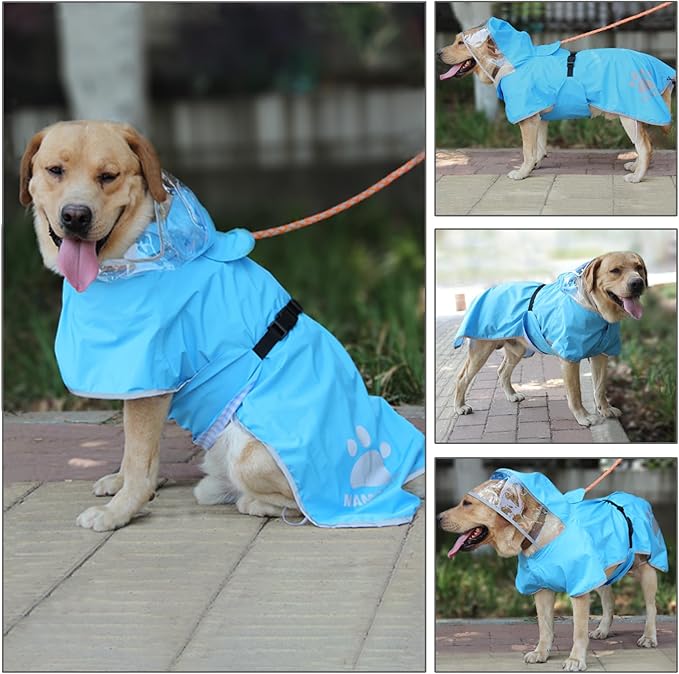Waterproof Dog Raincoat, Reflective Adjustable Hooded Dog Rain Coat, Lightweight Breathable Pet Rain Jacket Poncho Double Layer with Leash Hole for Small Medium Large Dogs (Blue, Medium)