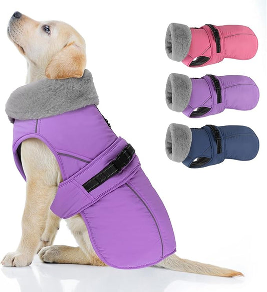 PETDSH Dog Coat Medium, Windproof Dog Jacket with Warm Fleece Lining, Thickened Collar Dogs Winter Coat, Adjustable Reflective Pet Coats for Cold Weather (Purple, Medium)