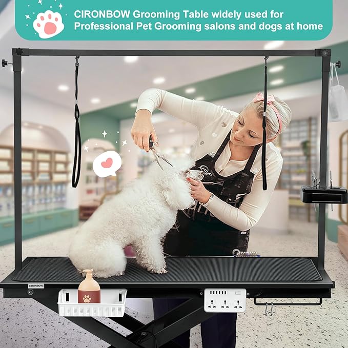 49'' Electric Dog Grooming Table, Ergonomic 400lbs Heavy Duty Grooming Table for Large Dogs at Home with 2 Nooses/Tool Organizer/Adjustable Arm/Foot Control (Black)