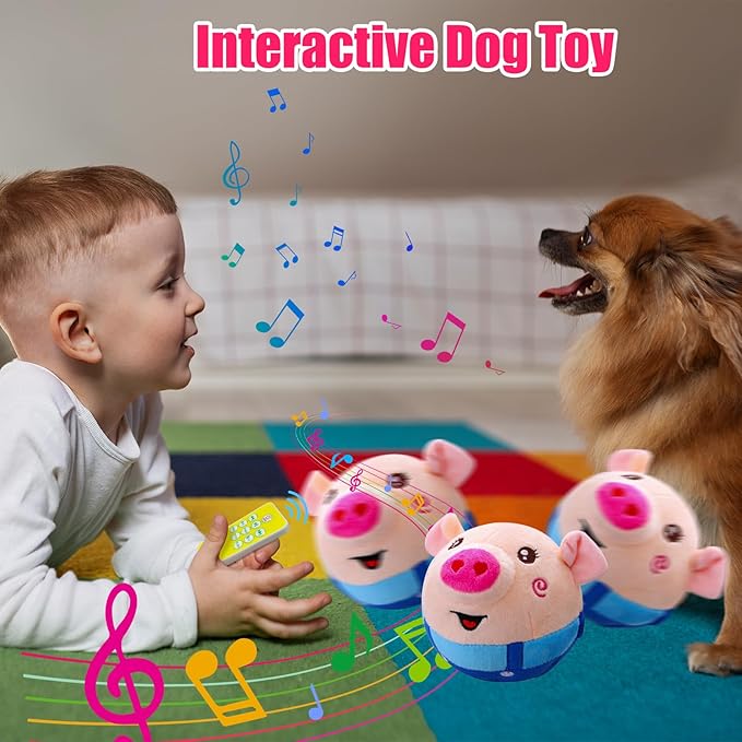 Interactive Dog Ball - Self Moving Plush Pet Toy with Music & Remote Control - Keeps Small/Medium/Large Dogs Busy (Blue Pig)
