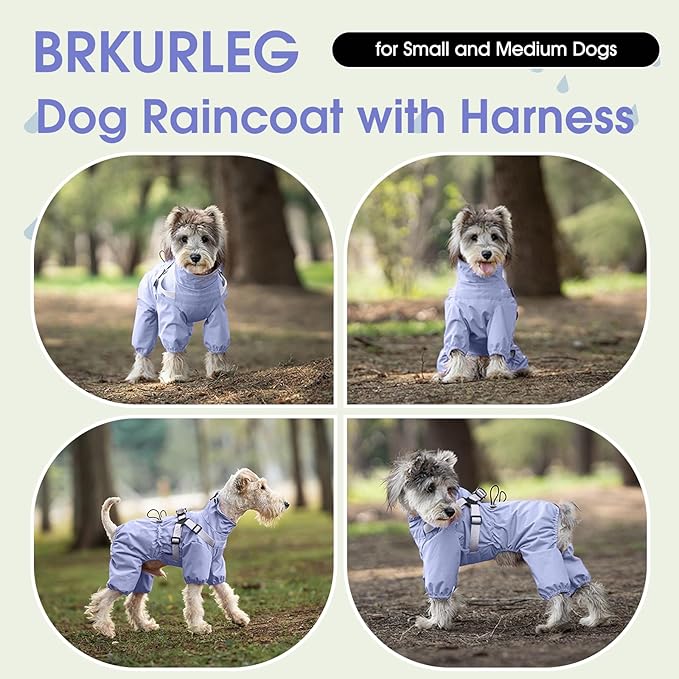 BRKURLEG Dog Raincoat for Small Dogs, Small Dog Rain Jacket with Harness Built in, Waterproof 4 Legs Puppy Raincoats, Puppy Outdoor Jacket with Reflective Strip, Purple, XXXL