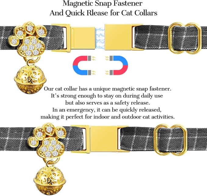 Personalized Breakaway Cat Collars - Magnetic Buckle, Bell - Safety Quick Release, Customized for Girls & Boys Cats- (Checkered-Grey)