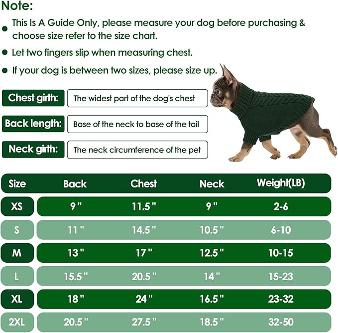 Dog Sweaters for Small Dogs Classic Turtleneck Dog Christmas Sweater Thick Warm Pullover Male Puppy Pet Stretch Knitwear Fall Winter Clothes with Leash Hole(Green, S)
