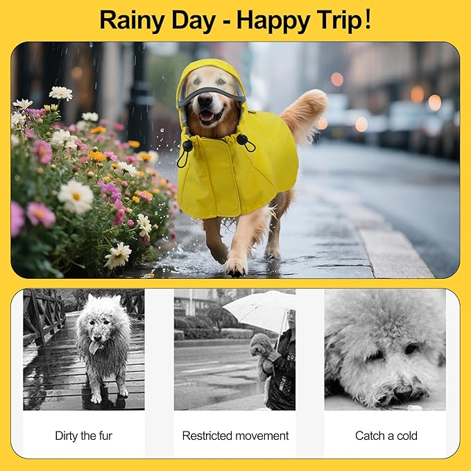DENTRUN Waterproof Dog Rain Jacket with Hood for Golden Retriever, Husky – Extra-Long Coverage for Heavy Rain, Beach Trips, Dog Parks – Magic Tape & Mesh Lining, XXL