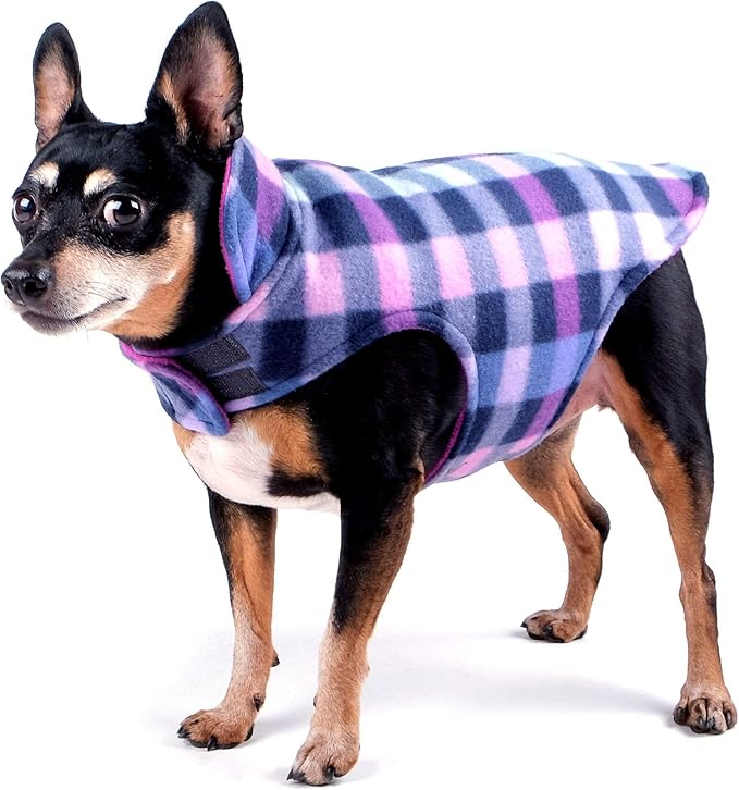 The Worthy Dog Fargo Fleece Check Dog Jacket, Adjustable Reversible with Harness Hole, Wind-Resistant, Winter Outdoor Clothes for Pets, Purple - 10''