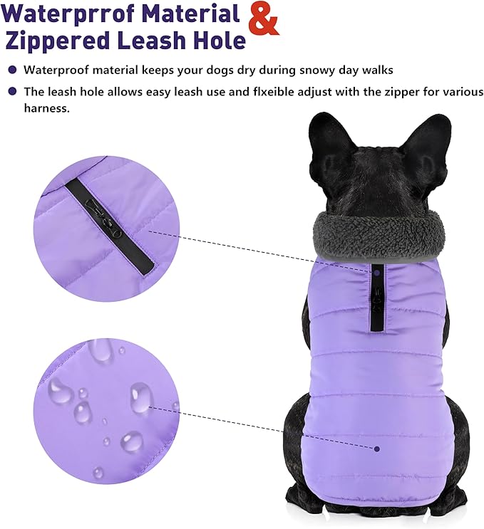 Dog Winter Coat, Waterproof Dog Jacket with Leash Hole, Reflective Adjustable Pet Snow Vest, Warm Fleece Sweater for Small Medium Large Dogs - Light Purple, XS