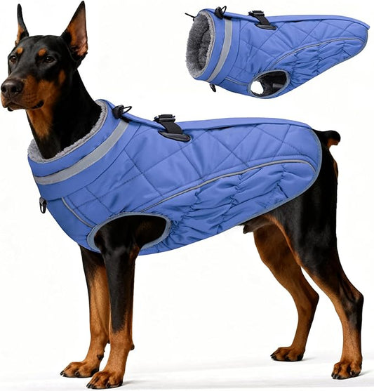 Dog Coat, Warm Dog Winter Coat for Large Dogs, Waterproof Jacket with Harness Built in, Reflective Turtleneck Cold Weather Coats with Zipper,Pet Fleece Vest Snow Jacket, Blue XXL