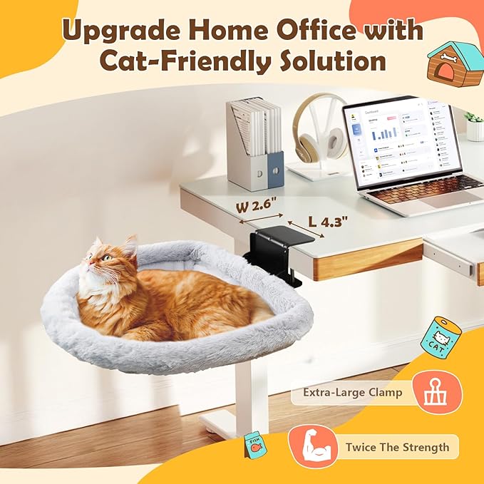 Secure Cat Desk Bed - Extra-Large Clamp & Sunken Hammock Design, Comfy Cat Desk Hammock with Faux Rabbit Fur Cover, Removable & Washable, Holds Up to 40lbs