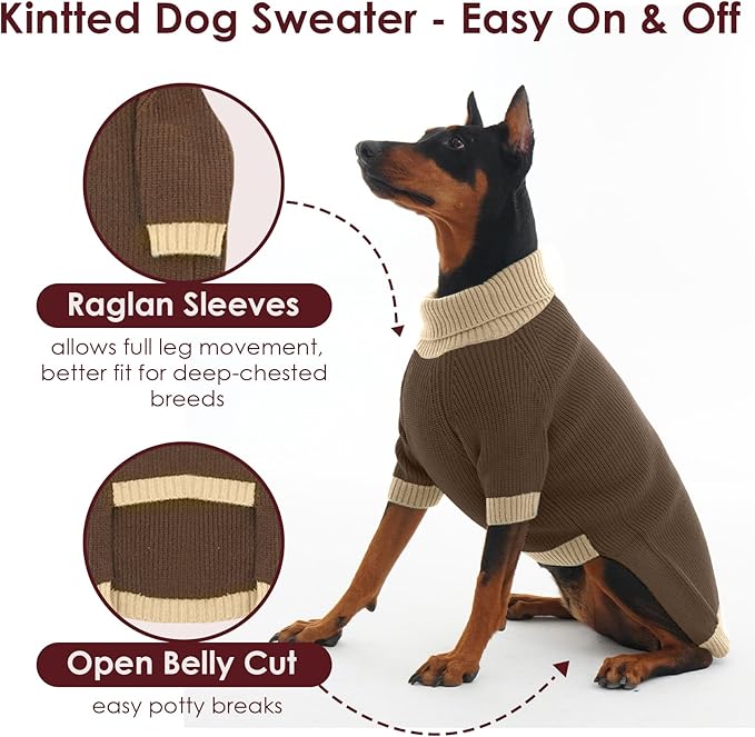 Large Dog Sweater, Soft Cable Knit Sweater with Harness Hole, Warm Christmas Sweaters for Dogs Male Female, Fall Winter Pet Pullover Holiday Costume for Dachshund French Bulldog Terrier Brown L