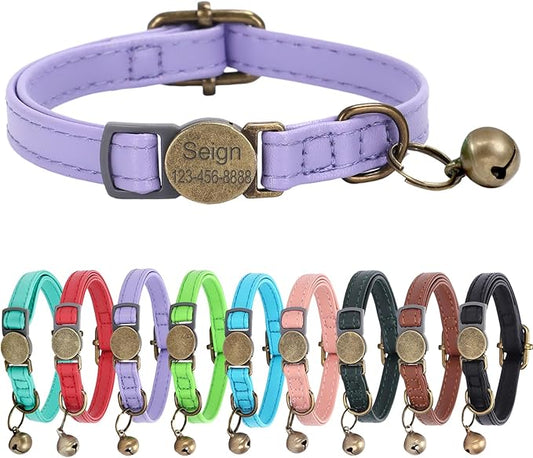 Cat Collar Breakaway, Personalized Leather Cat Collar with Bells-Adjustable Customized Collar with Name & Phone Number Tag for Girl Boy Cats-Quick Release Buckle for Cats & Kittens(Purple)