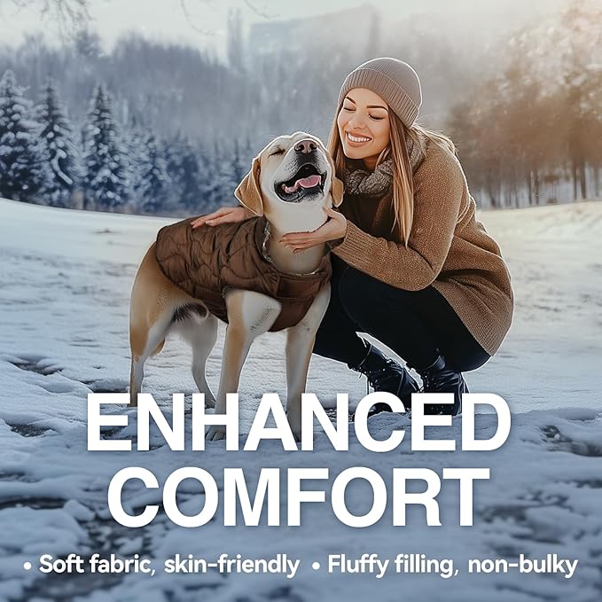 VIVAGLORY Softjoy Dog Coat, Dog Jacket for Winter & Christmas, Coat with Harness Hole & Velcro Closure, Reversible Plaid Checkered Warm Fluffy Heavy Duty for Puppy, XS, Coffee