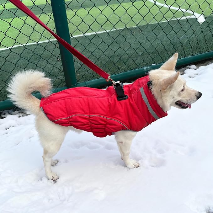 Malier Dog Coat, Reflective Dog Jacket Waterproof Windproof Puppy Cold Weather Coats with Harness Built in, Winter Extra Warm Pet Coat Fleece Vest for Small Large Pets and Puppy (Red, XX-Large)