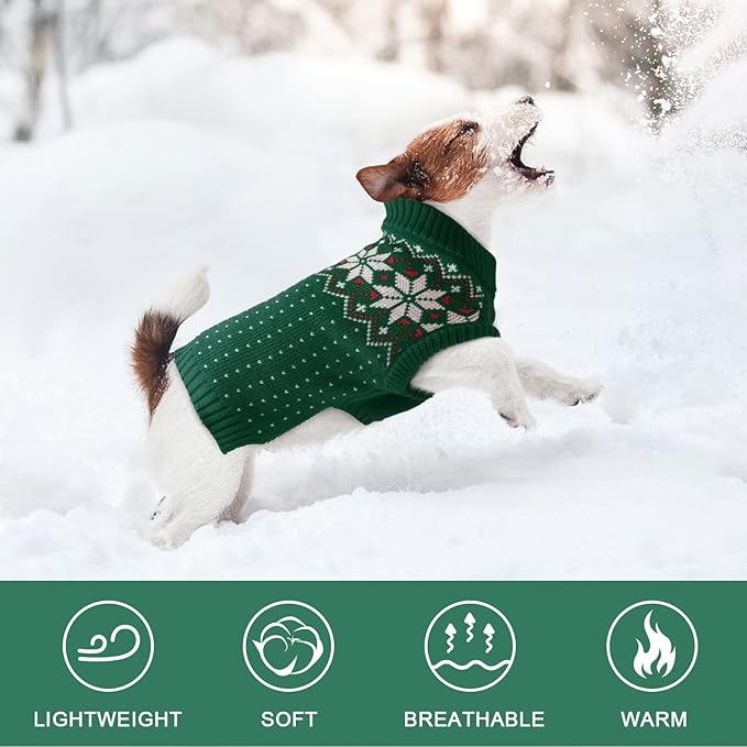 Kuoser Dog Sweater, Holiday Christmas Snowflake Pet Warm Knitwear Dog Sweaters Soft Puppy Clothing, Doggie Turtleneck Cold Weather Outfit Pullover for Small Medium Large Dogs Cats, Green S